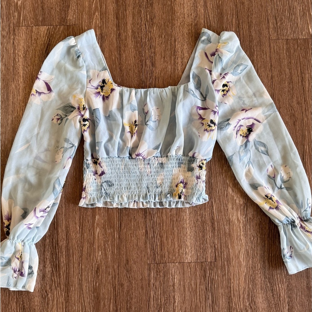 Blue Cropped Blouse with Puff Sleeves and Smocked Ruffles